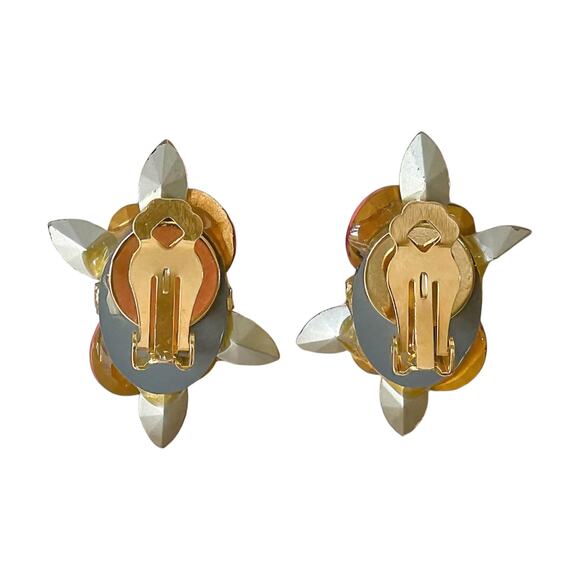 Pink & Blue Crystal Clip-On Earrings Iridescent Aurora Borealis Jeweled Cluster - Picture 2 of 3